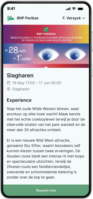 BNP Paribas app showing a We Love Cinema experience detail